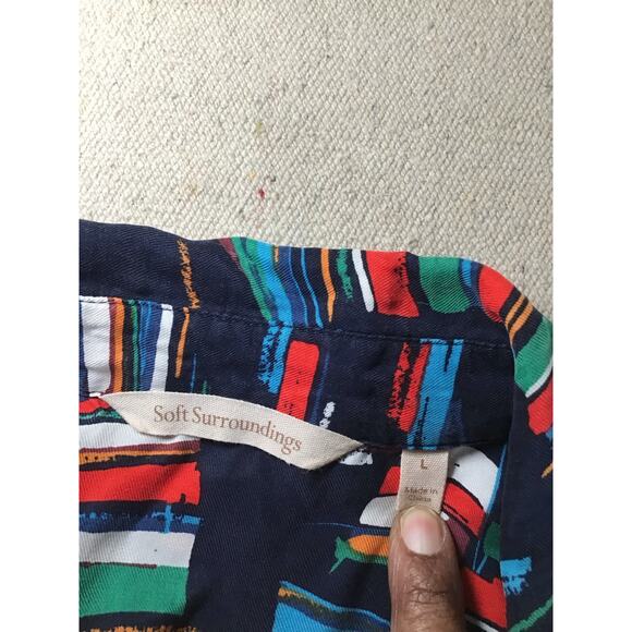 Soft Surroundings Women Sail-away Blouse Sz. Lrg Blue Button up Boat Print top - Picture 10 of 11